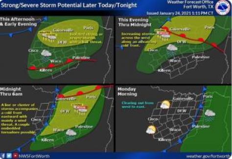 本周日下午起达拉斯地区可能有冰雹，大雾和大风